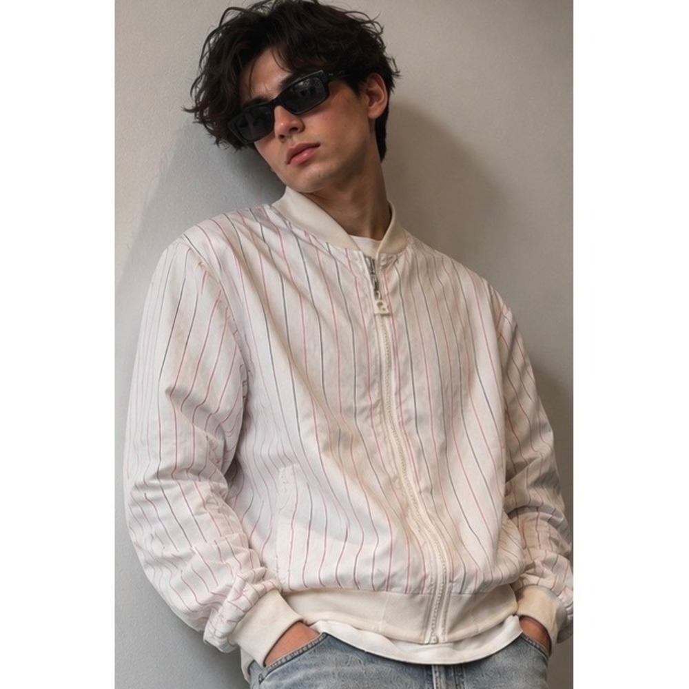Vtg Pierre Cardin Bomber Jacket Men Large White Pinstripe Zip Up Made in England